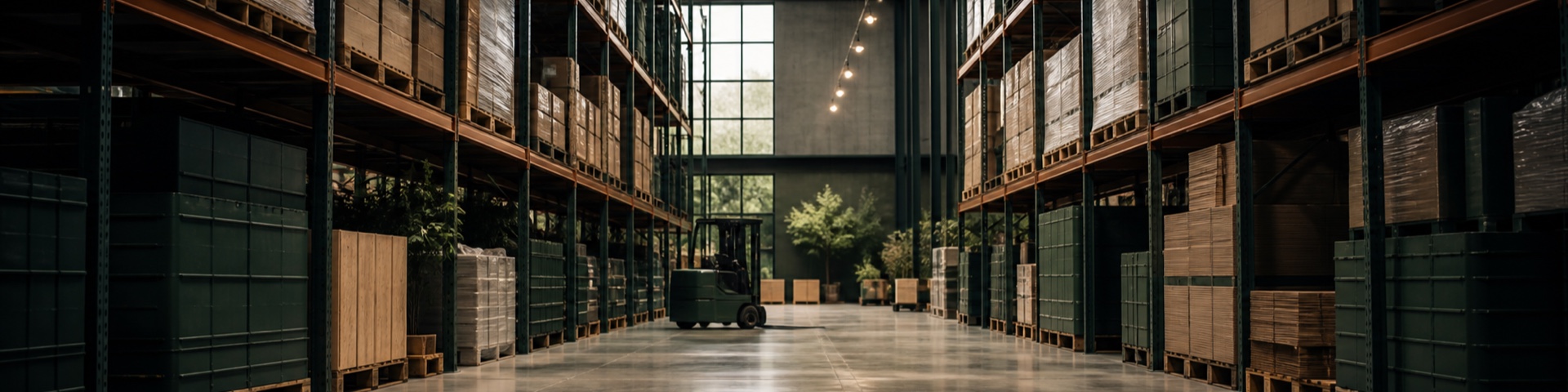 Corsia di un magazzino moderno con scaffalature e mezzi per la movimentazione